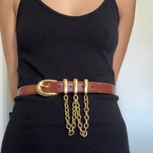 Vintage brown leather belt with multiple gold chains